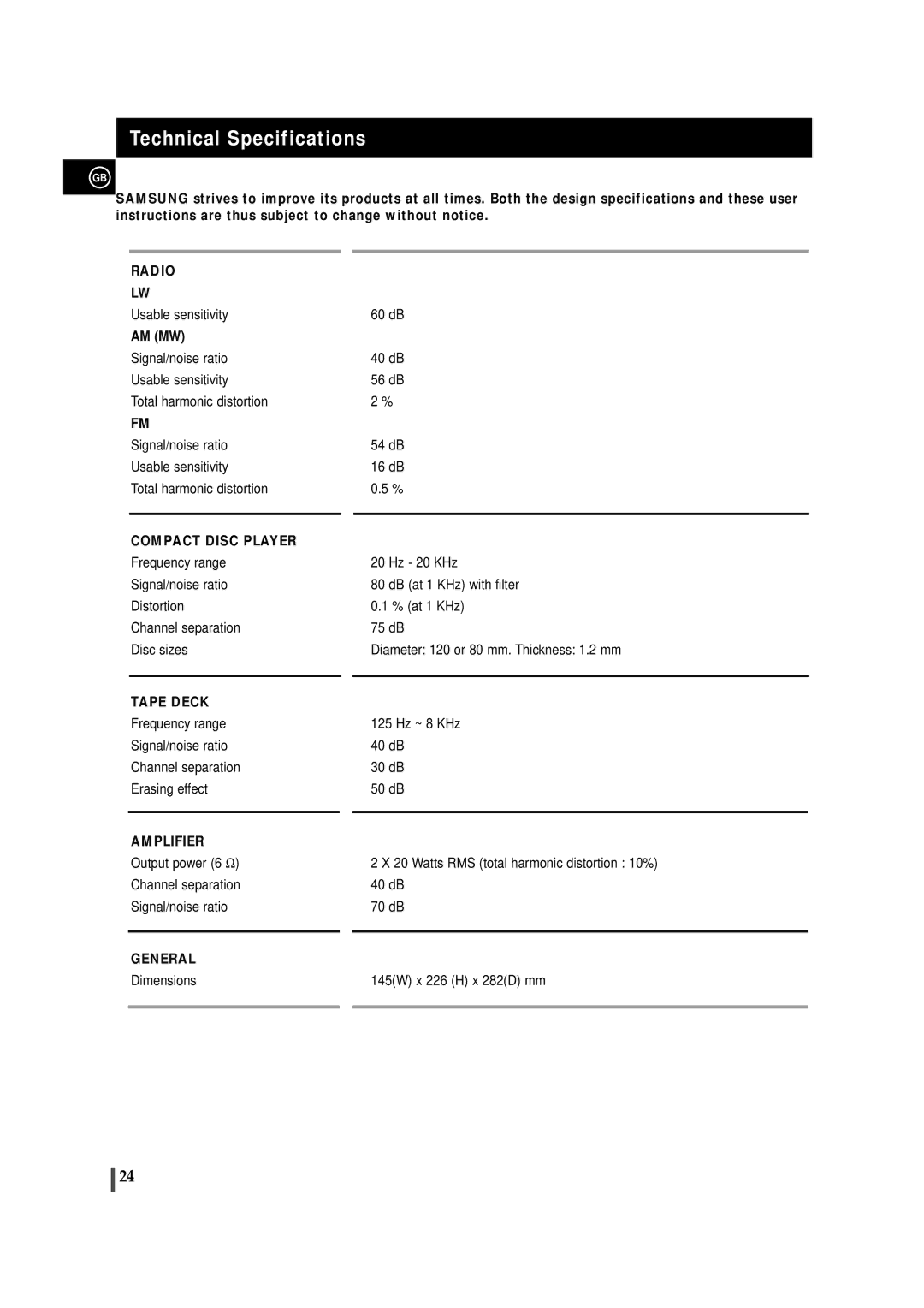 Samsung MMZJ6RH/ELS, MM-ZJ6, MMZJ6QH/XFO manual Technical Specifications, General 