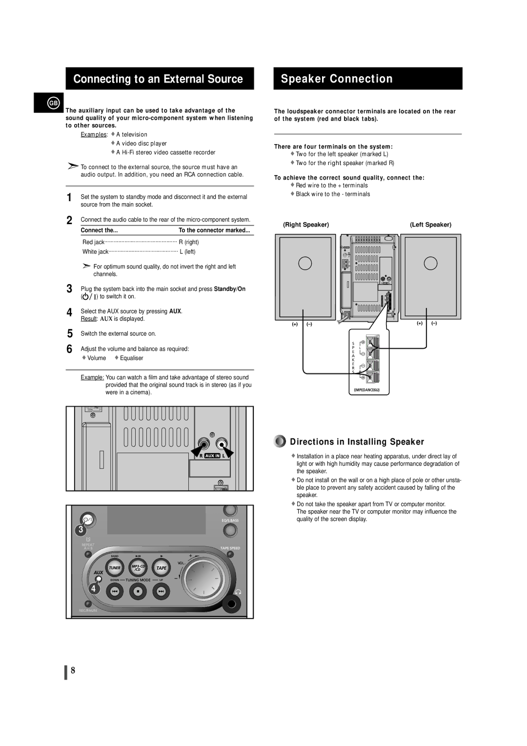 Samsung MMZJ6QH/XFO Connecting to an External Source, Speaker Connection, To achieve the correct sound quality, connect 