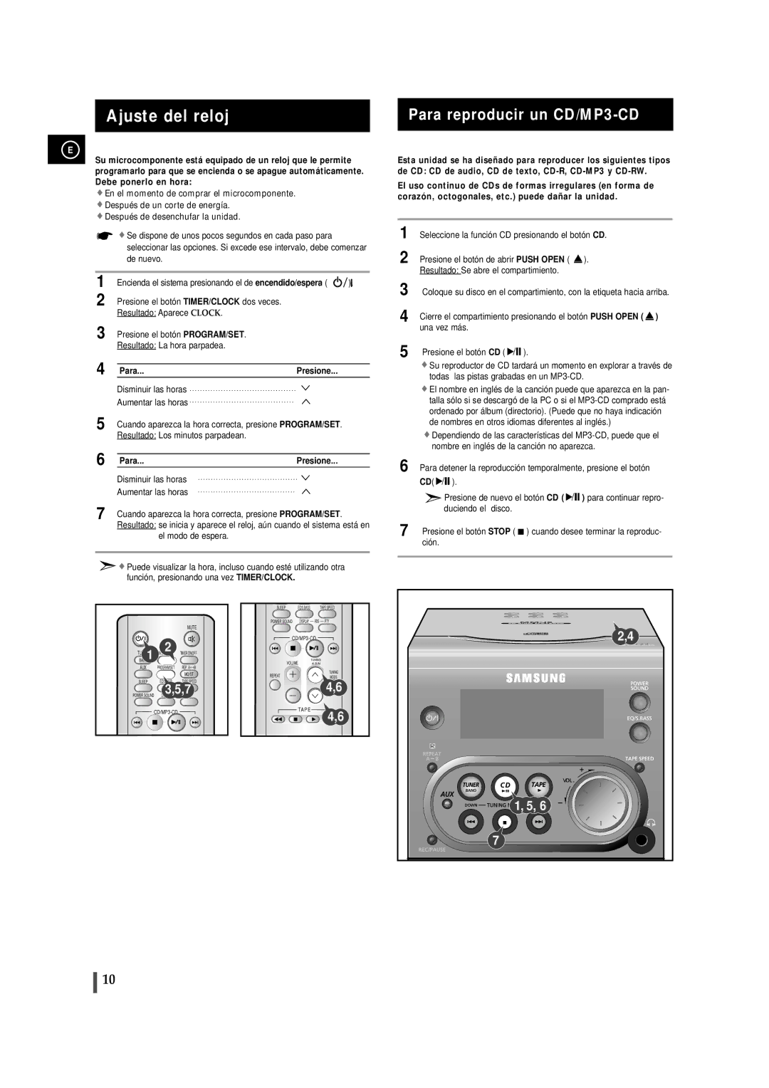 Samsung MMZJ6RH/ELS Ajuste del reloj, Para reproducir un CD/MP3-CD, Para Presione, Resultado Se abre el compartimiento 