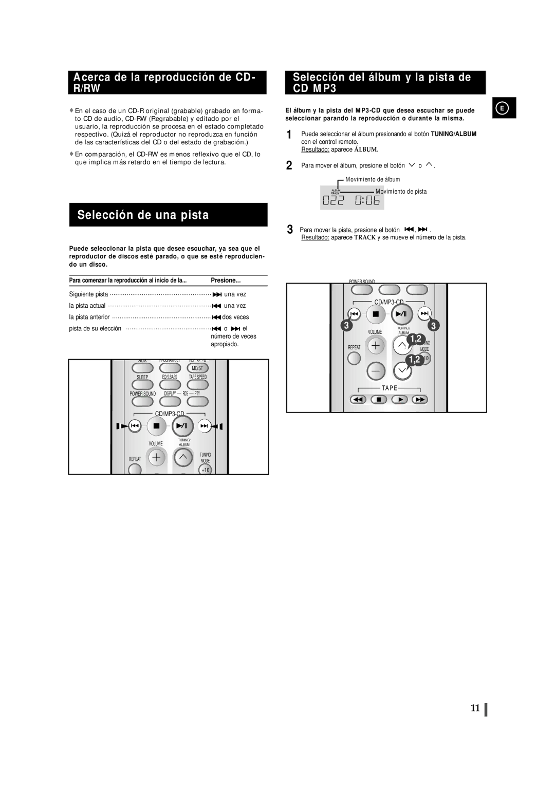 Samsung MM-ZJ6 Selección de una pista, Acerca de la reproducción de CD- R/RW, Selección del álbum y la pista de CD MP3 