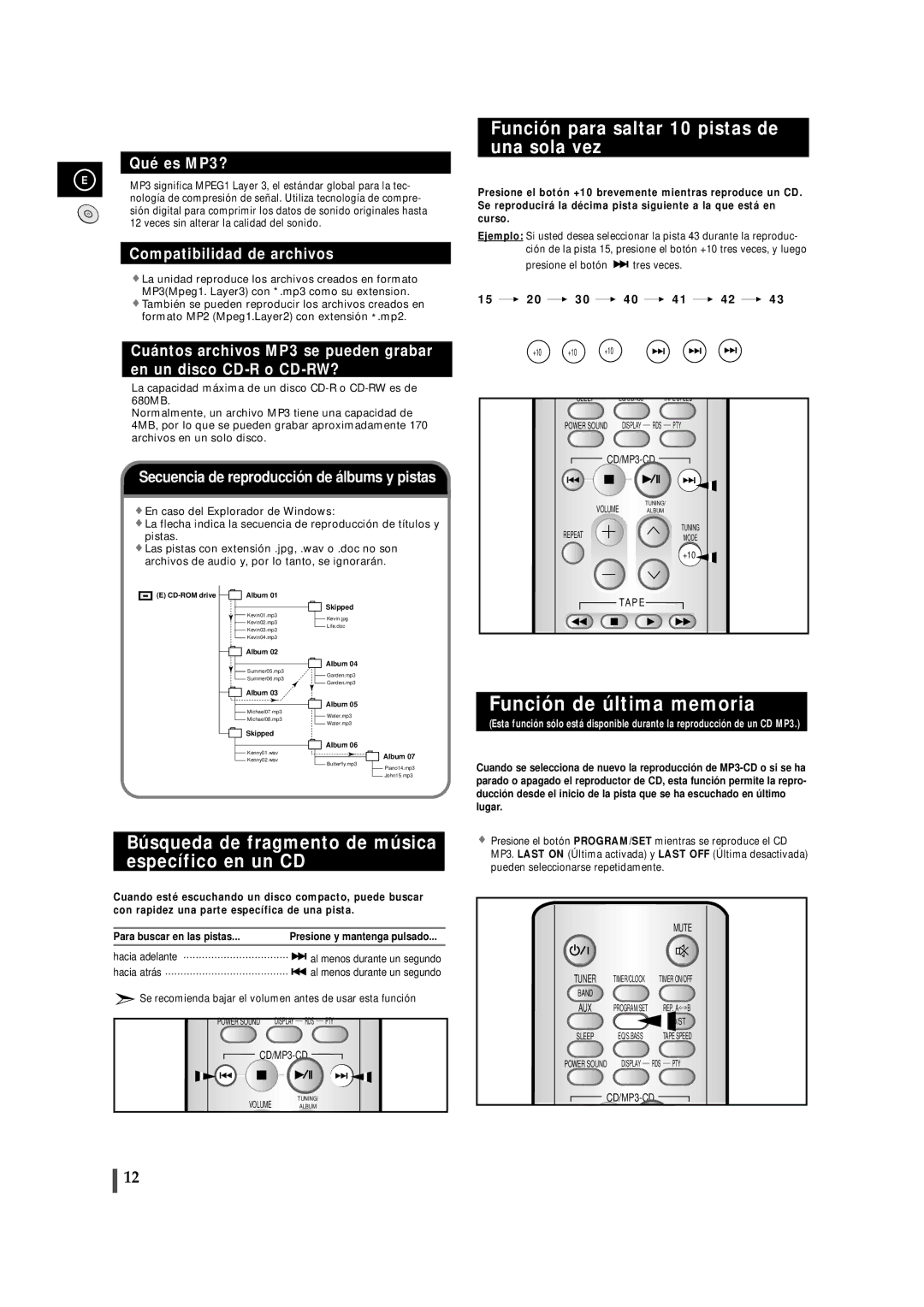 Samsung MMZJ6RH/ELS, MM-ZJ6 manual Función de última memoria, Función para saltar 10 pistas de una sola vez 