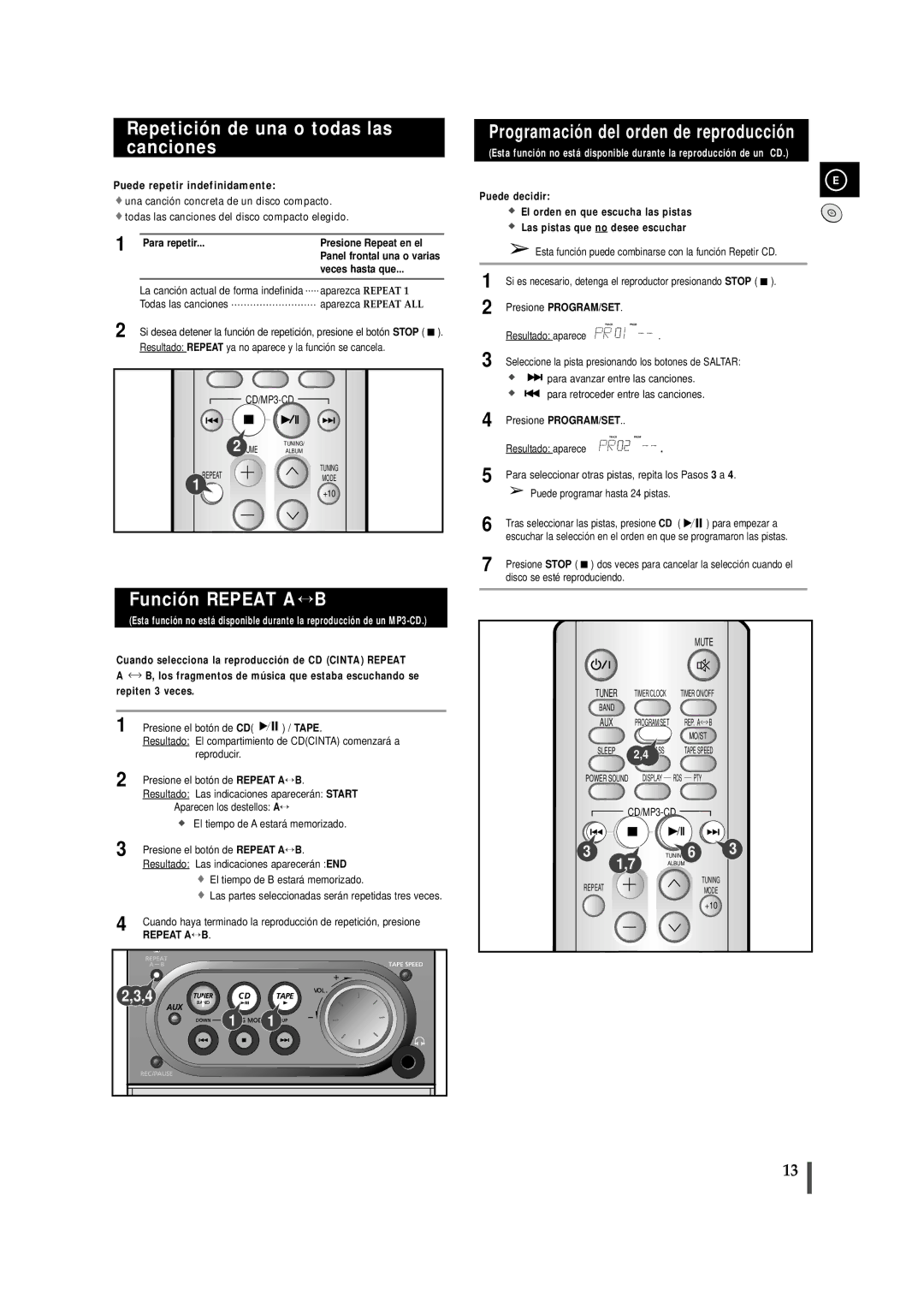 Samsung MM-ZJ6 manual Repetición de una o todas las canciones, Función Repeat A↔ B, Programación del orden de reproducción 