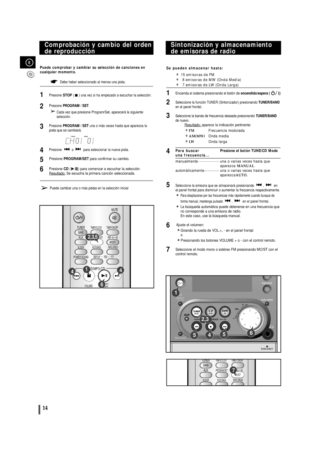 Samsung MMZJ6RH/ELS Comprobación y cambio del orden de reproducción, Sintonización y almacenamiento de emisoras de radio 