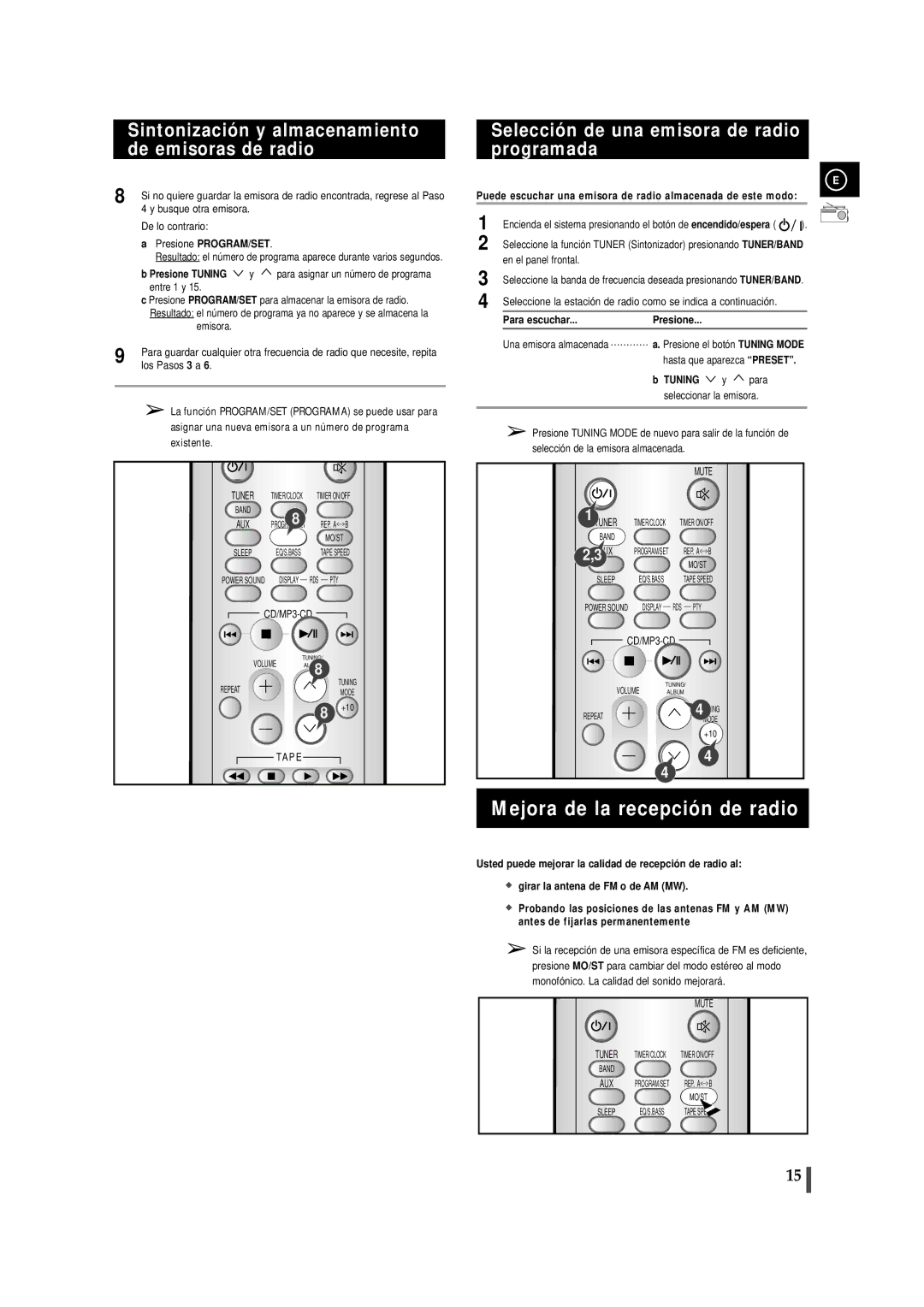 Samsung MM-ZJ6, MMZJ6RH/ELS Mejora de la recepción de radio, Selección de una emisora de radio programada, Para escuchar 