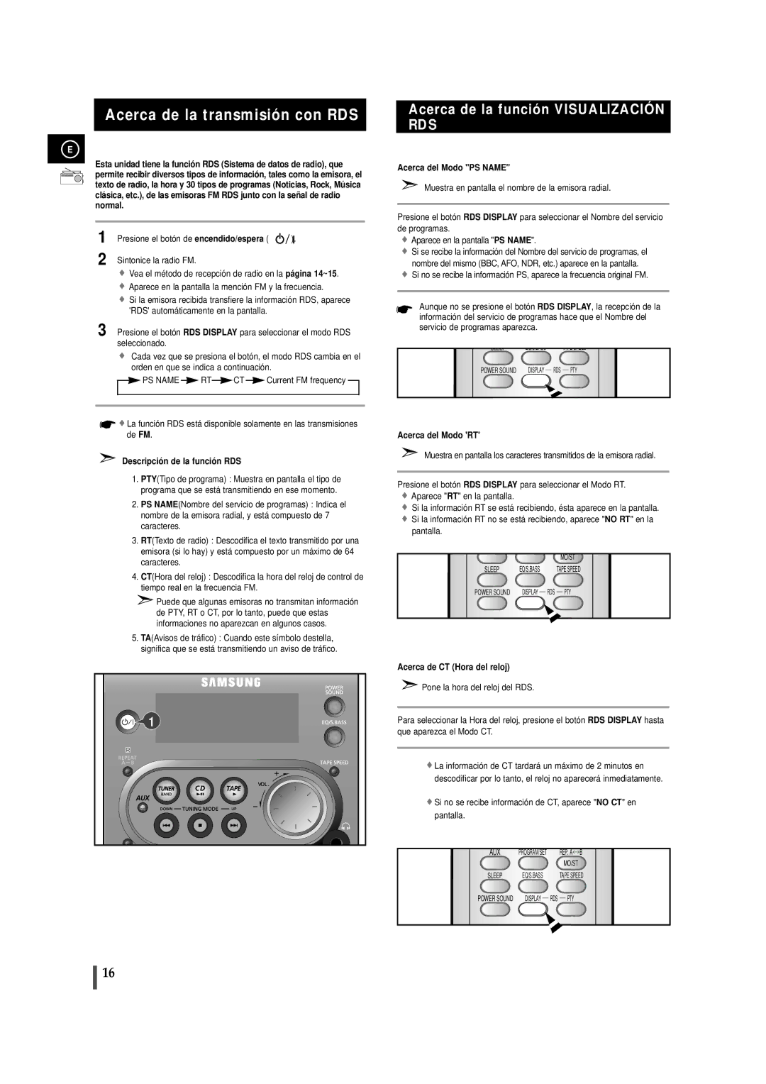 Samsung MMZJ6RH/ELS, MM-ZJ6 Acerca de la transmisión con RDS, Descripció n de la funció n RDS, Acerca del Modo PS Name 