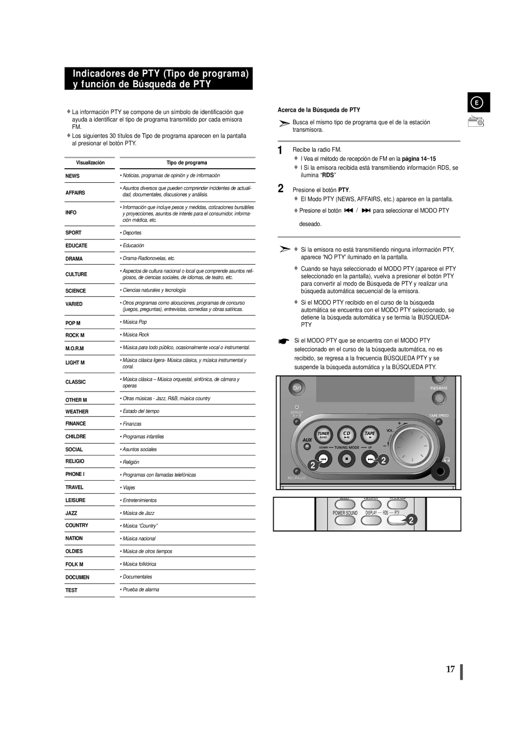 Samsung MM-ZJ6, MMZJ6RH/ELS manual Acerca de la Bú squeda de PTY, Tipo de programa 