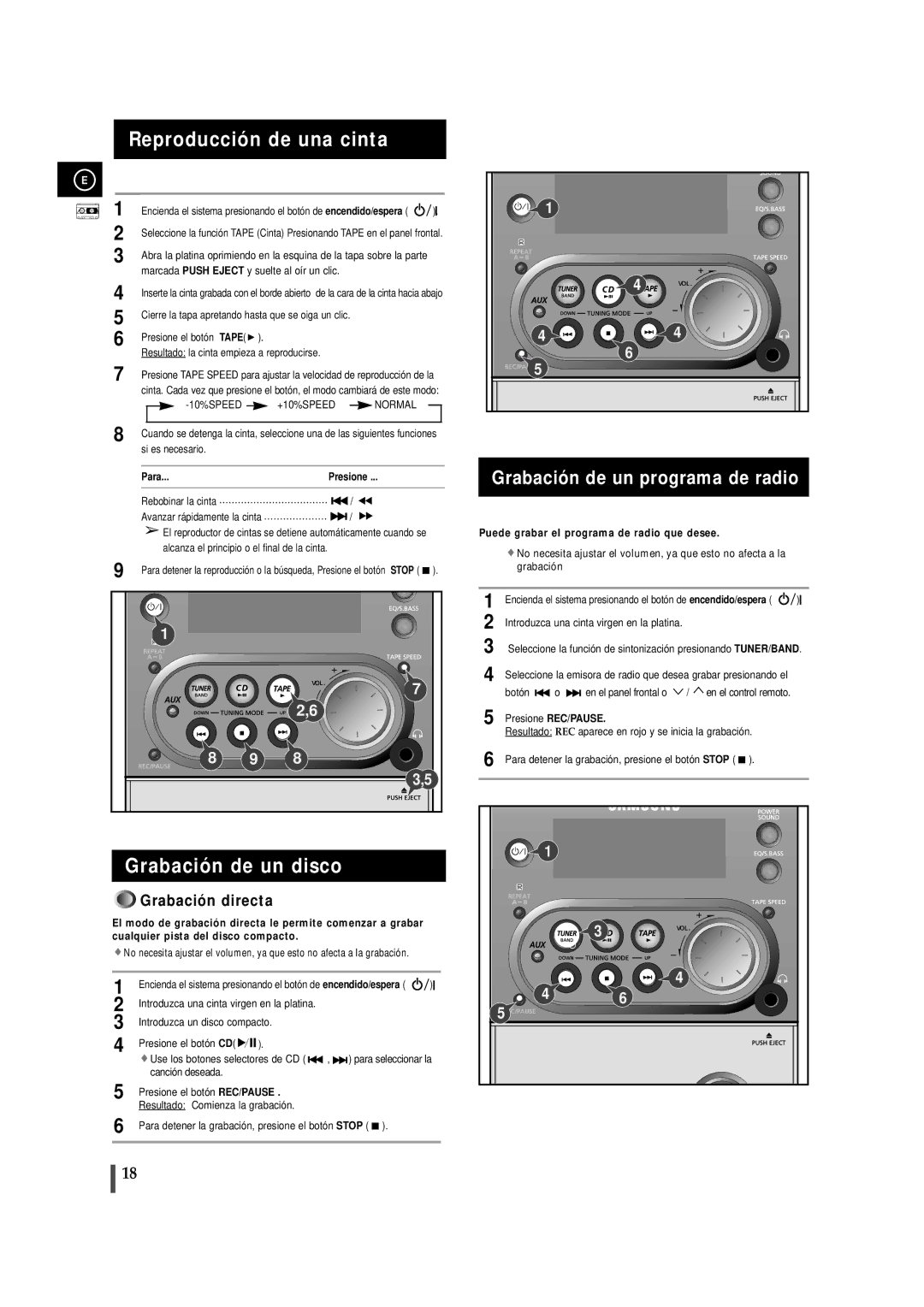 Samsung MMZJ6RH/ELS, MM-ZJ6 manual Reproducción de una cinta, Grabación de un disco, Grabación de un programa de radio 