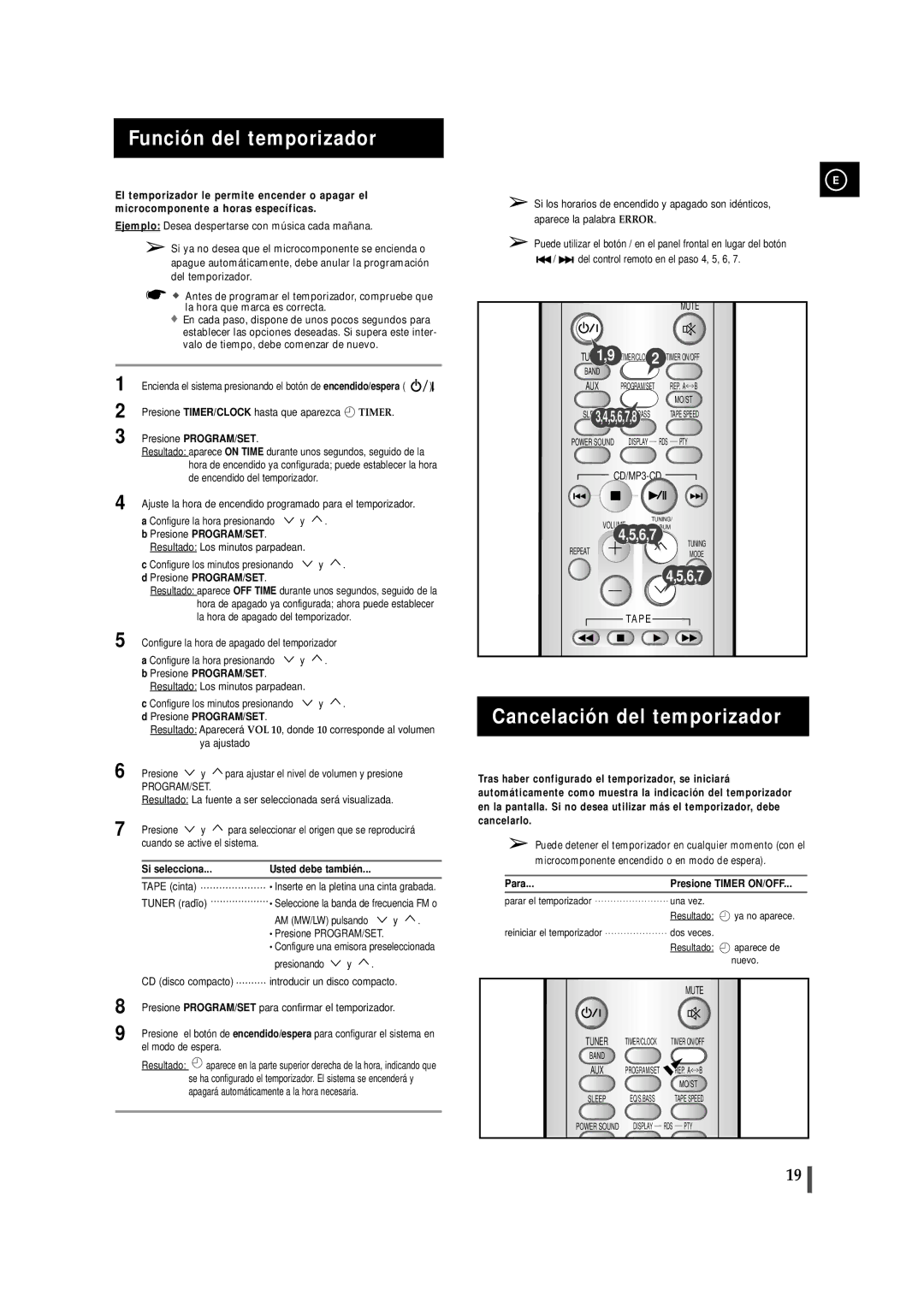 Samsung MM-ZJ6 manual Función del temporizador, Cancelación del temporizador, Si selecciona Usted debe tambié n, Para 