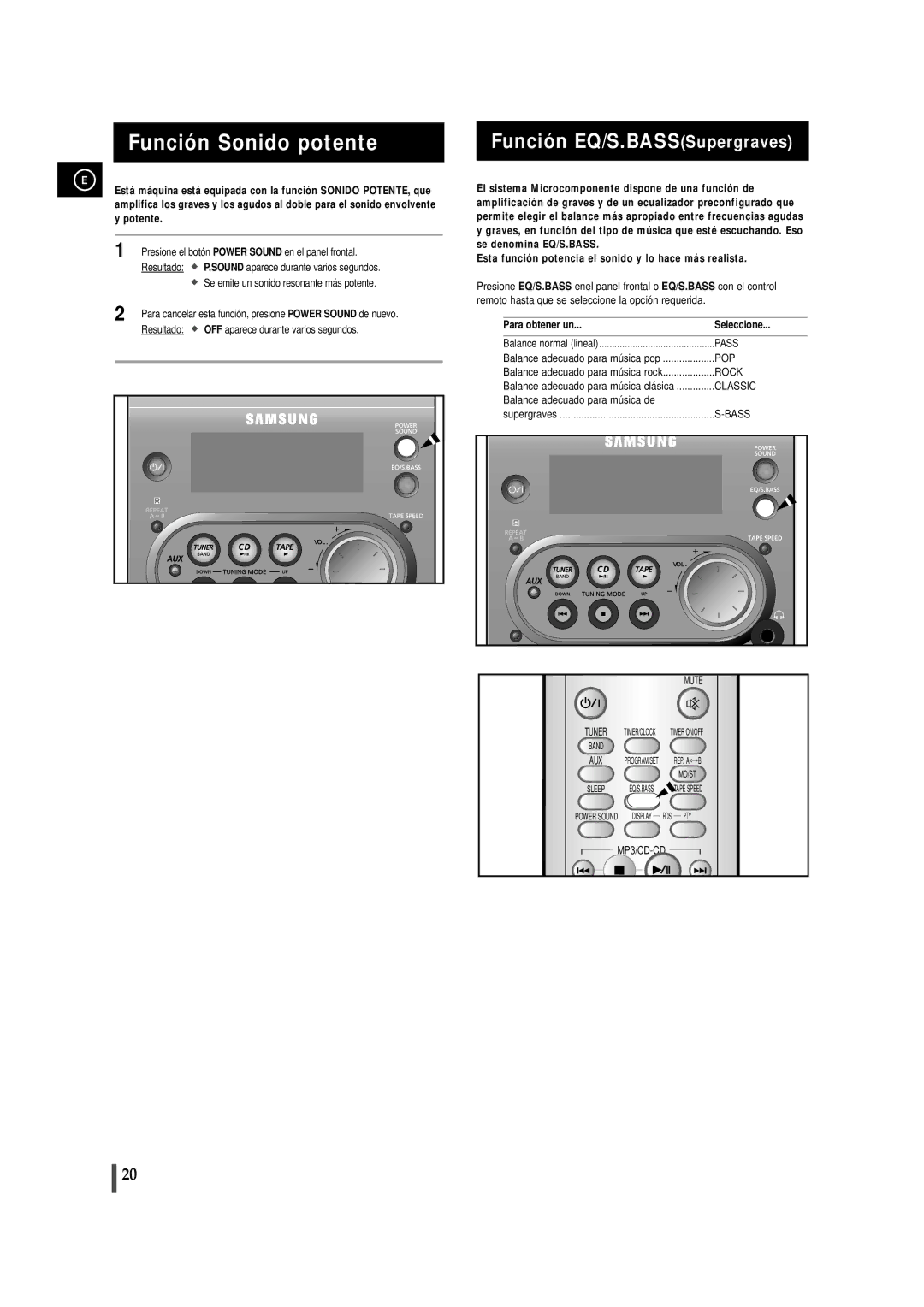 Samsung MMZJ6RH/ELS, MM-ZJ6 Función EQ/S.BASSSupergraves, Presione el botón Power Sound en el panel frontal, MP3/CD-CD 