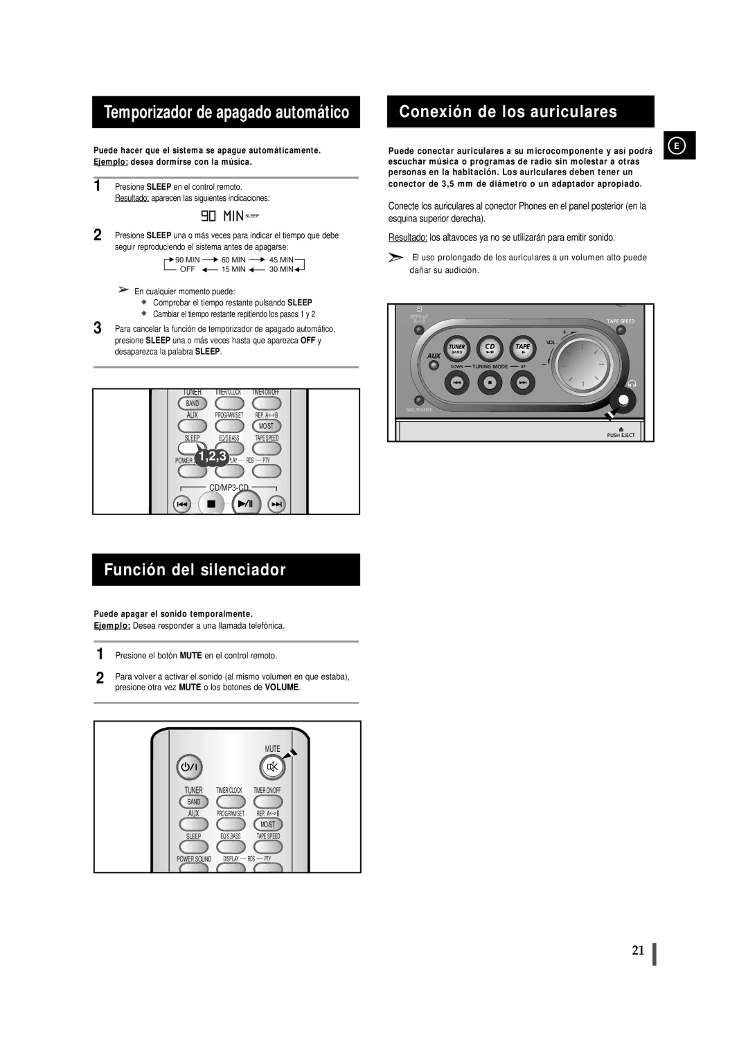 Samsung MM-ZJ6, MMZJ6RH/ELS manual Temporizador de apagado automático, Función del silenciador, Conexión de los auriculares 