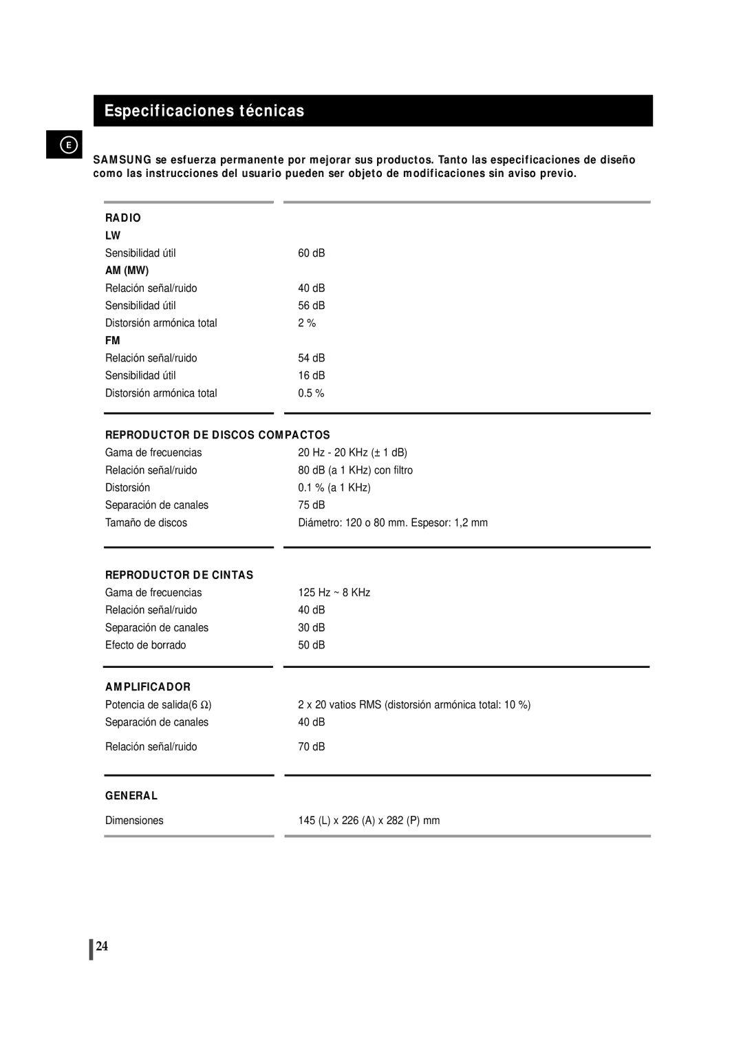 Samsung MMZJ6RH/ELS, MM-ZJ6 manual Especificaciones técnicas, Reproductor DE Discos Compactos 