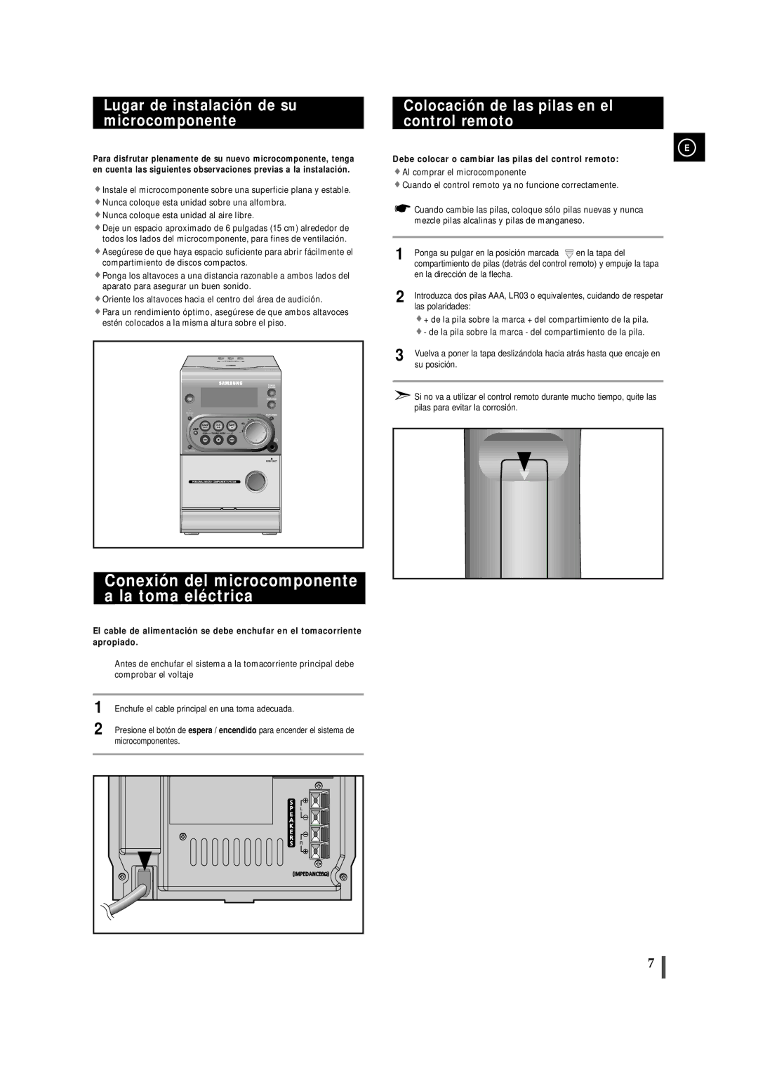 Samsung MM-ZJ6, MMZJ6RH/ELS Conexión del microcomponente a la toma eléctrica, Lugar de instalación de su microcomponente 