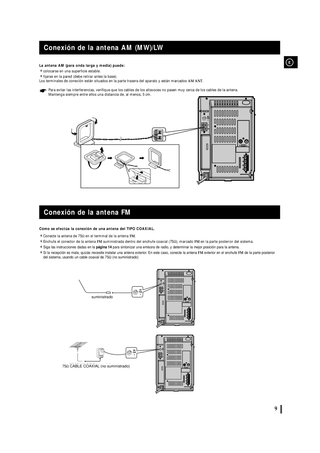 Samsung MM-ZJ6 manual Conexión de la antena AM MW/LW, Conexión de la antena FM, La antena AM para onda larga y media puede 