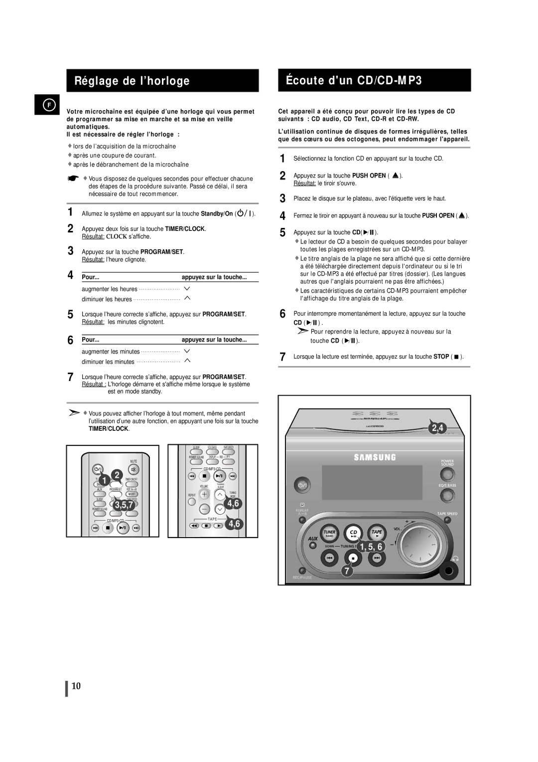 Samsung MMZJ6RH/ELS manual Réglage de l’horloge, Écoute dun CD/CD-MP3, Pour 