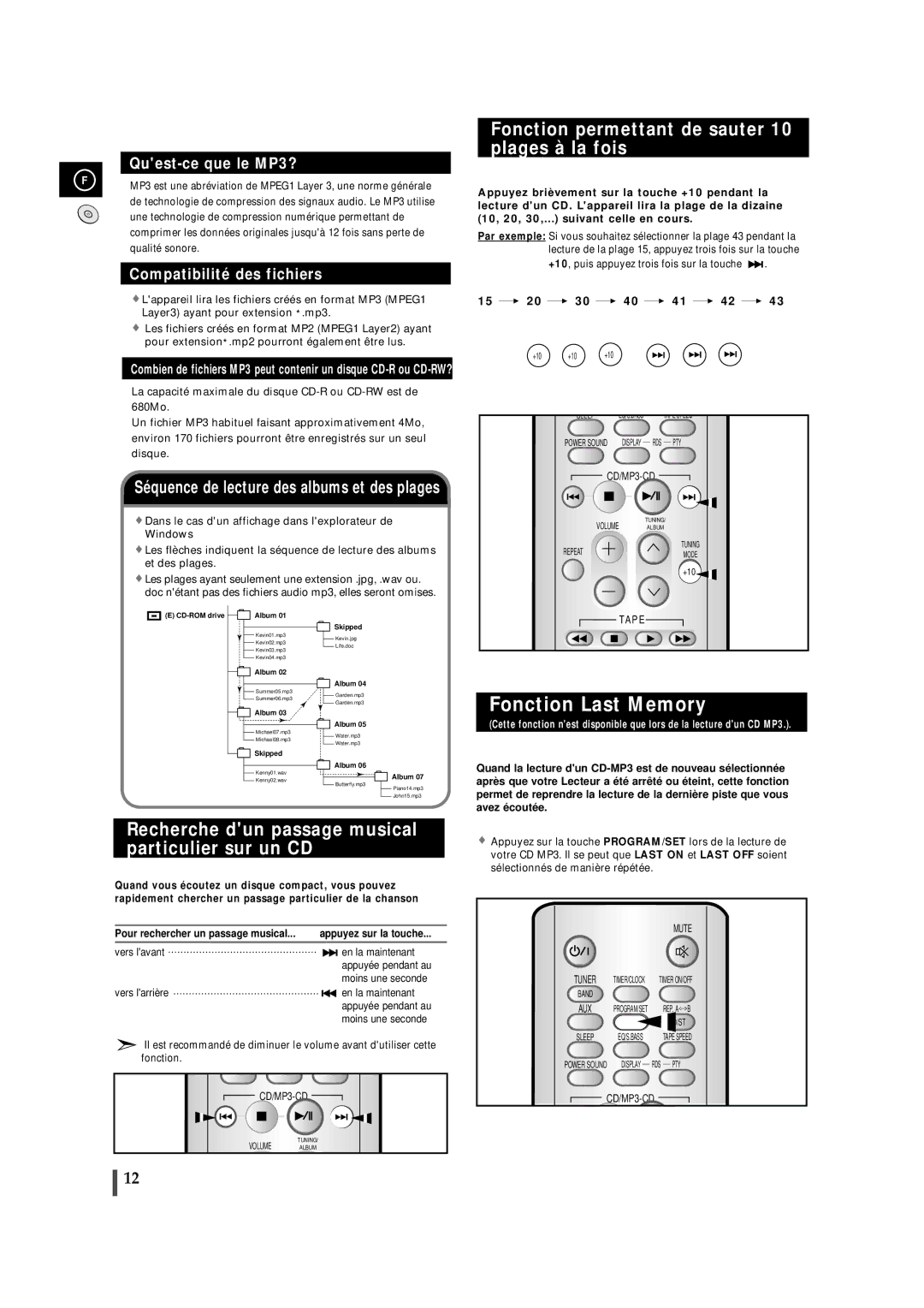 Samsung MMZJ6RH/ELS Fonction Last Memory, Fonction permettant de sauter 10 plages à la fois, Vers lavant En la maintenant 