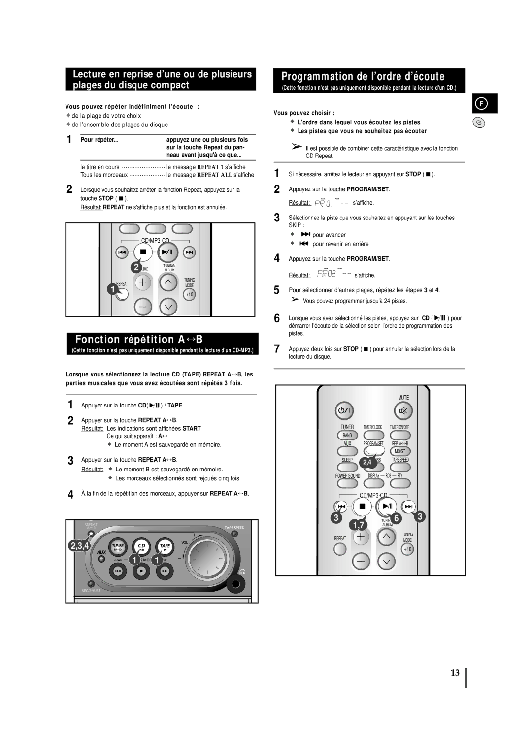 Samsung MMZJ6RH/ELS Programmation de l’ordre d’écoute, Fonction répétition A↔ B, Pour ré pé ter, Neau avant jusquà ce que 