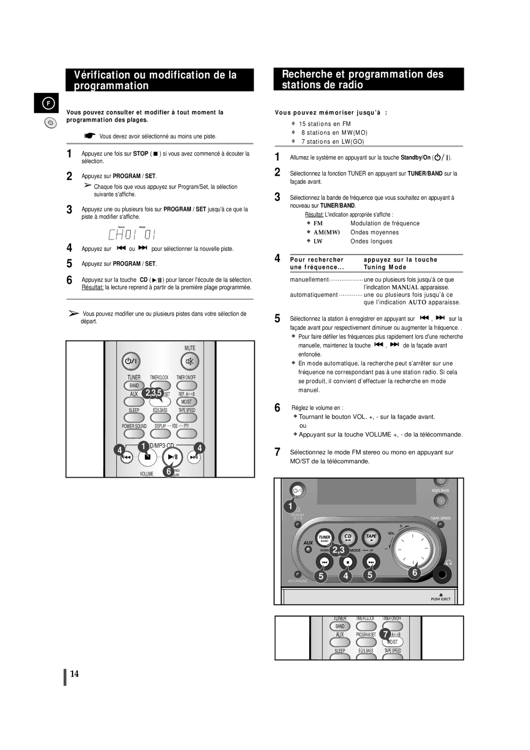 Samsung MMZJ6RH/ELS Vérification ou modification de la programmation, Recherche et programmation des stations de radio 