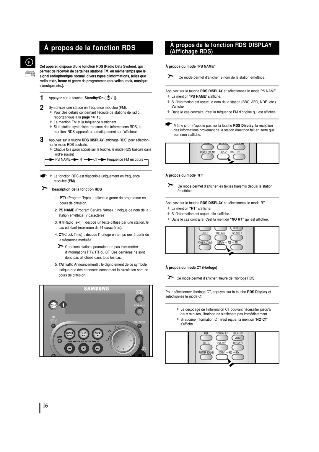 Samsung MMZJ6RH/ELS Propos de la fonction RDS, Description de la fonction RDS, Propos du mode PS Name, Propos du mode ‘RT’ 