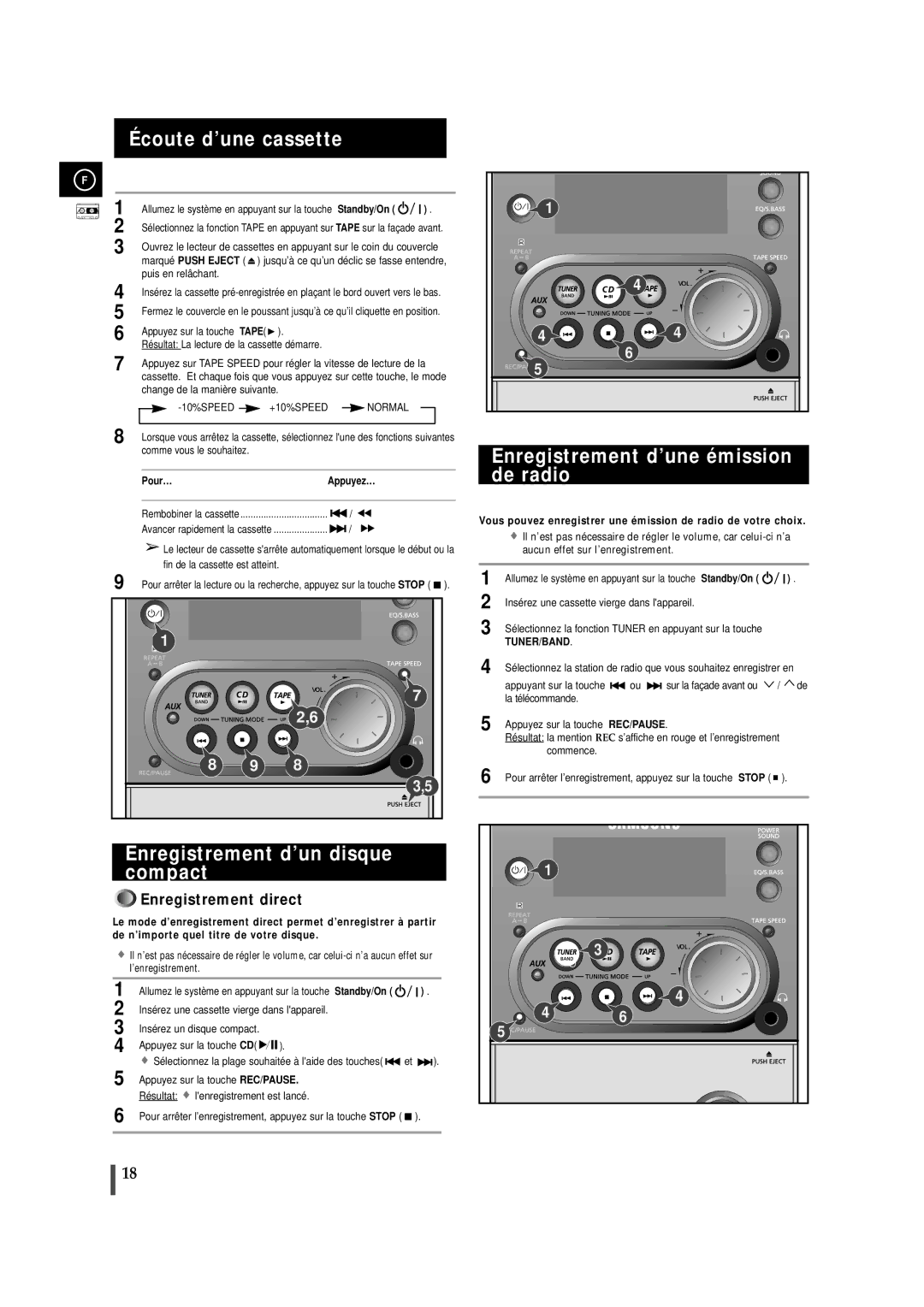 Samsung MMZJ6RH/ELS Écoute d’une cassette, Enregistrement d’une émission de radio, Enregistrement d’un disque compact 