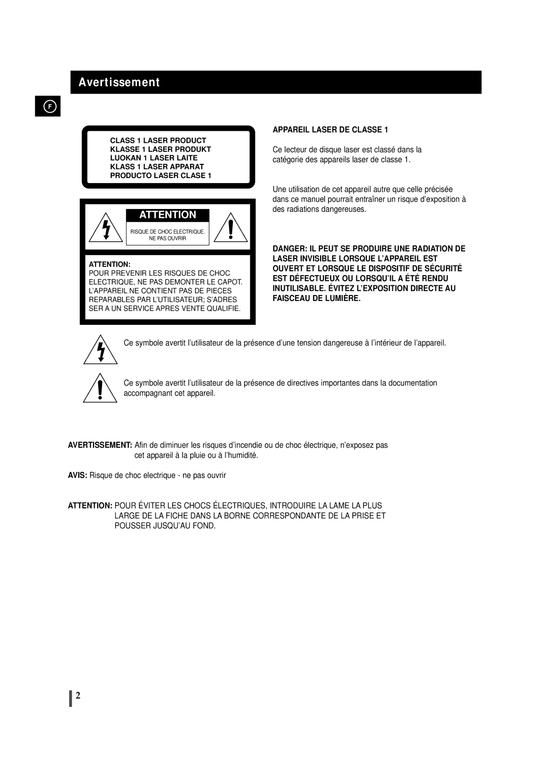 Samsung MMZJ6RH/ELS manual Avertissement, Appareil Laser DE Classe 