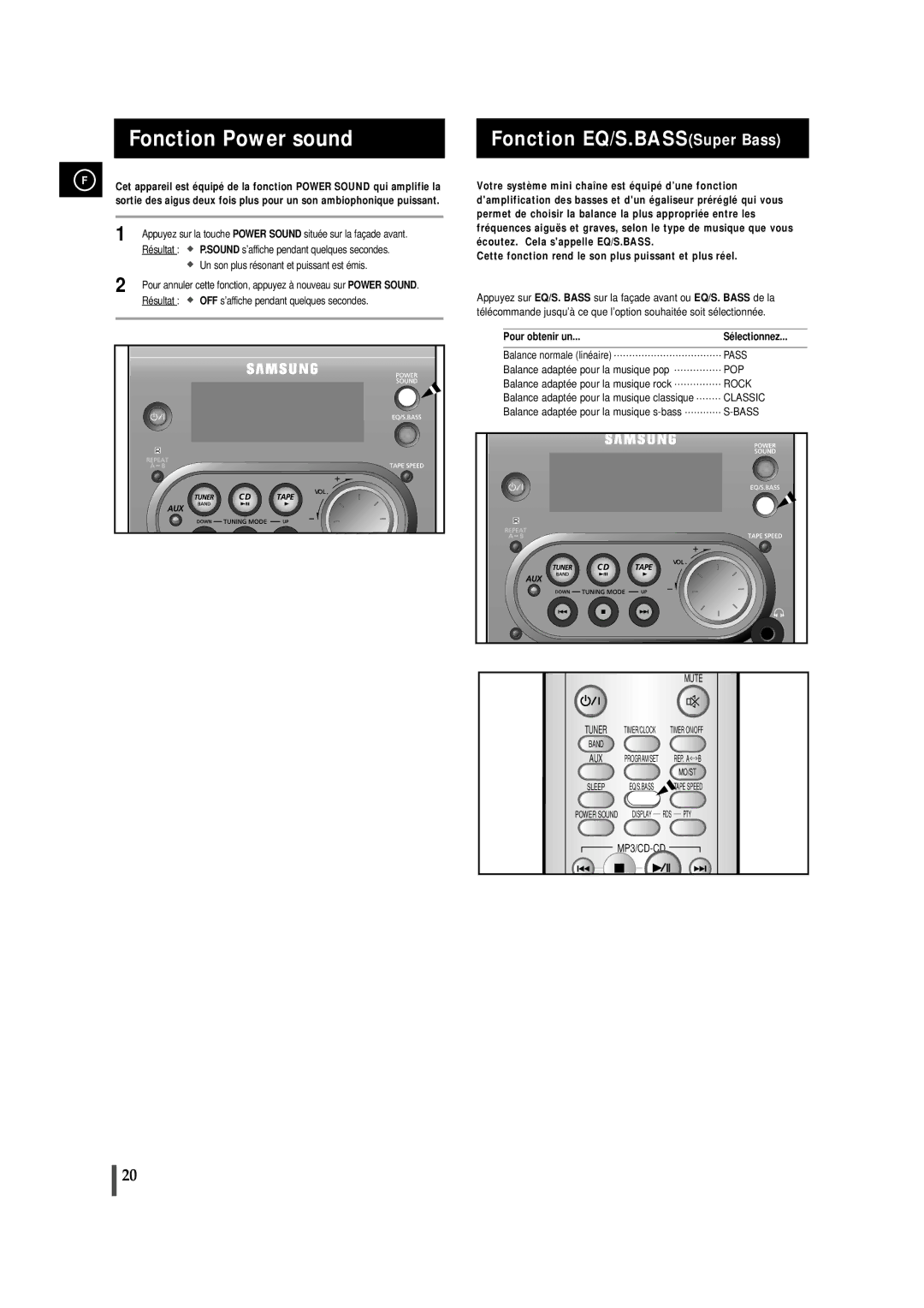 Samsung MMZJ6RH/ELS manual Fonction EQ/S.BASSSuper Bass, Pour obtenir un Sélectionnez 