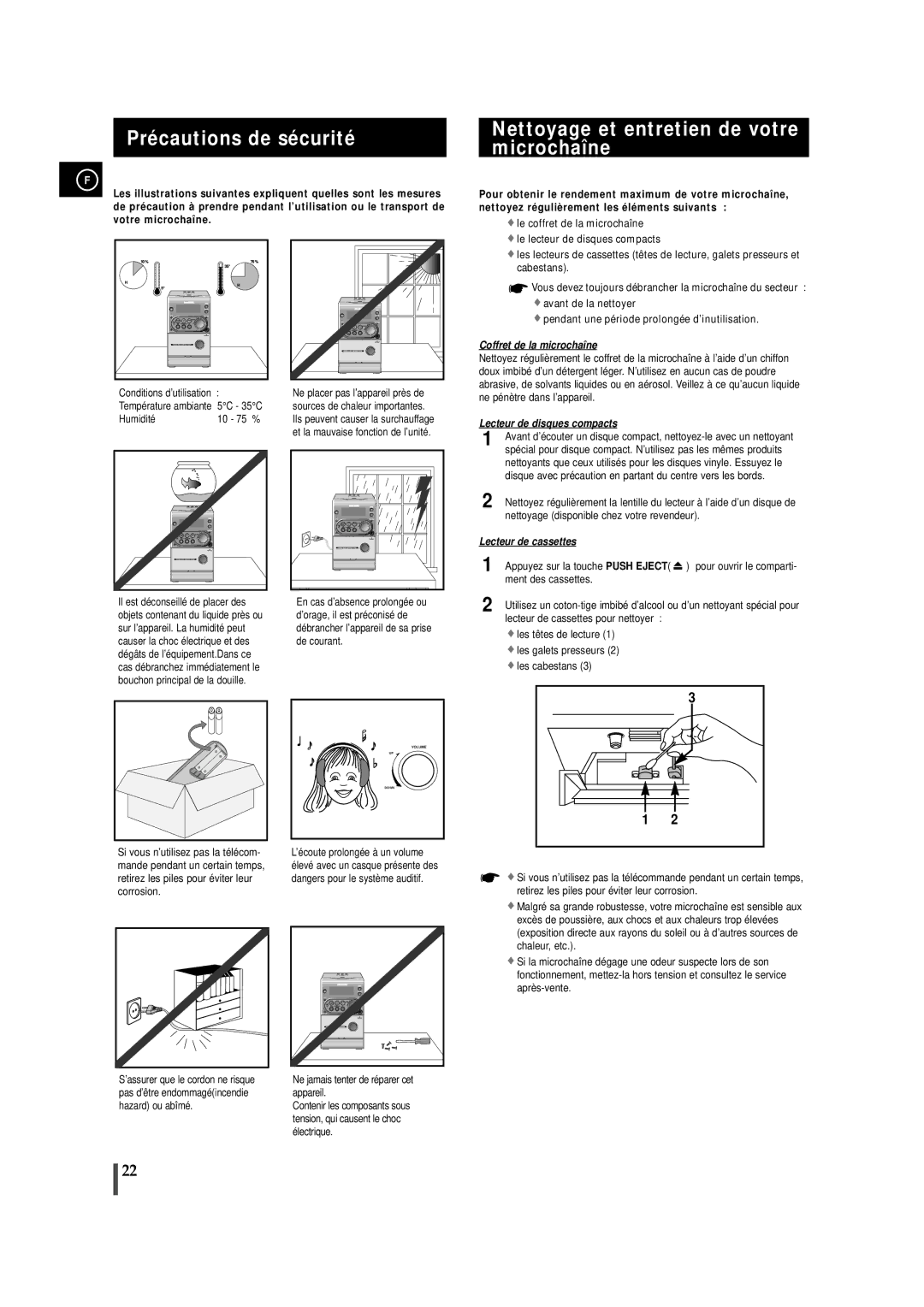 Samsung MMZJ6RH/ELS manual Précautions de sécurité, Nettoyage et entretien de votre microchaîne, Humidité 