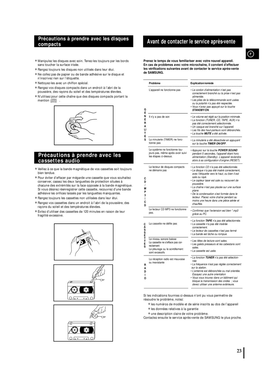 Samsung MMZJ6RH/ELS manual Avant de contacter le service après-vente, Précautions à prendre avec les cassettes audio 