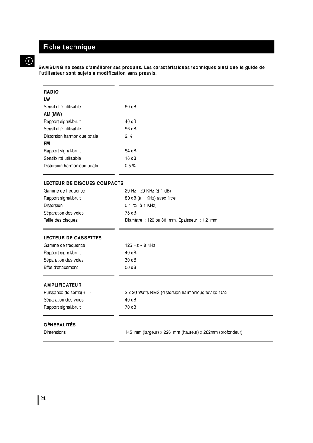 Samsung MMZJ6RH/ELS manual Fiche technique, Am Mw 