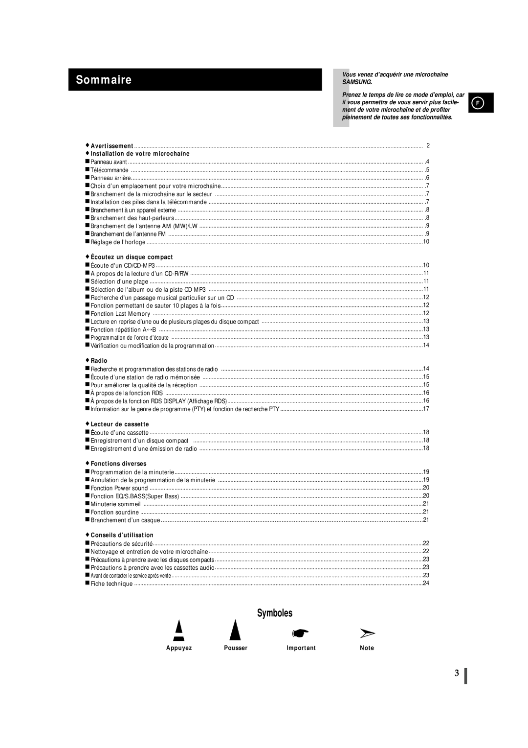 Samsung MMZJ6RH/ELS manual Installation de votre microchaîne, Écoutez un disque compact, Radio, Lecteur de cassette 