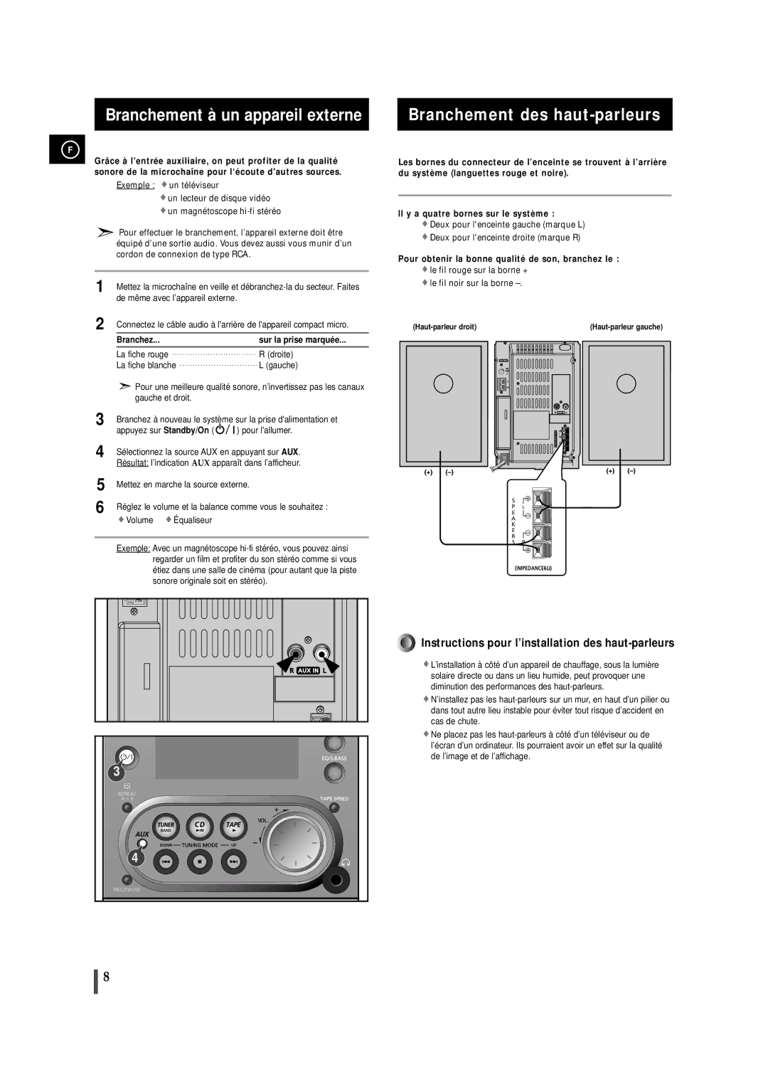 Samsung MMZJ6RH/ELS manual Branchement à un appareil externe, Branchement des haut-parleurs, Branchez Sur la prise marquée 