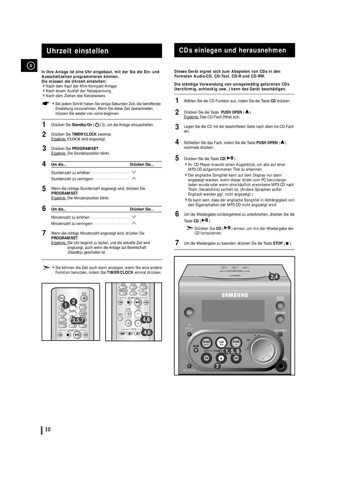 Samsung MMZJ6RH/ELS manual Uhrzeit einstellen, CDs einlegen und herausnehmen, Um die Drücken Sie 