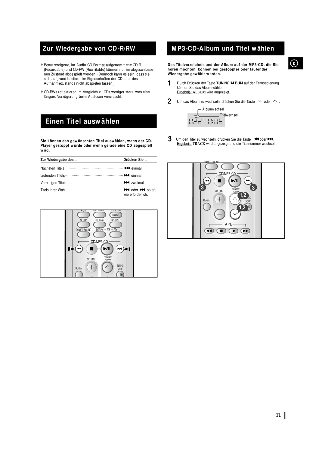 Samsung MMZJ6RH/ELS manual Einen Titel auswählen, Zur Wiedergabe von CD-R/RW, MP3-CD-Album und Titel wählen 