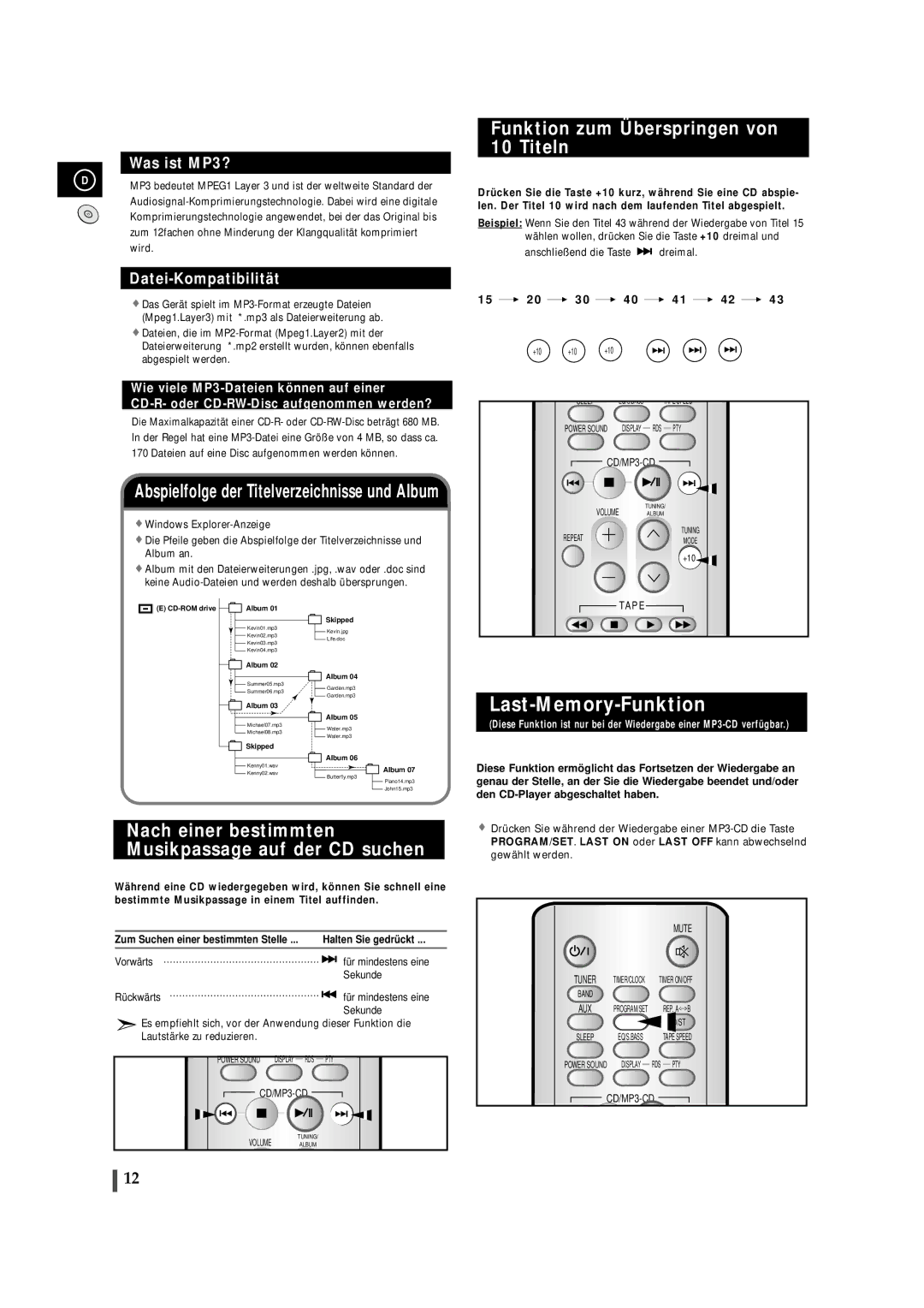 Samsung MMZJ6RH/ELS manual Last-Memory-Funktion, Funktion zum Überspringen von 10 Titeln 