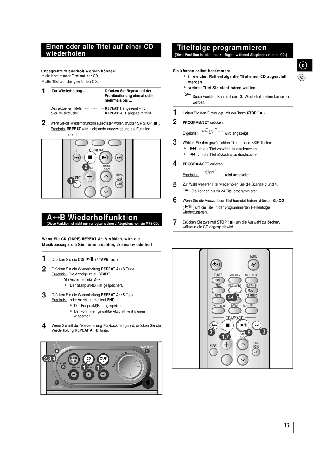 Samsung MMZJ6RH/ELS manual Titelfolge programmieren, Einen oder alle Titel auf einer CD wiederholen, PROGRAM/SET drücken 