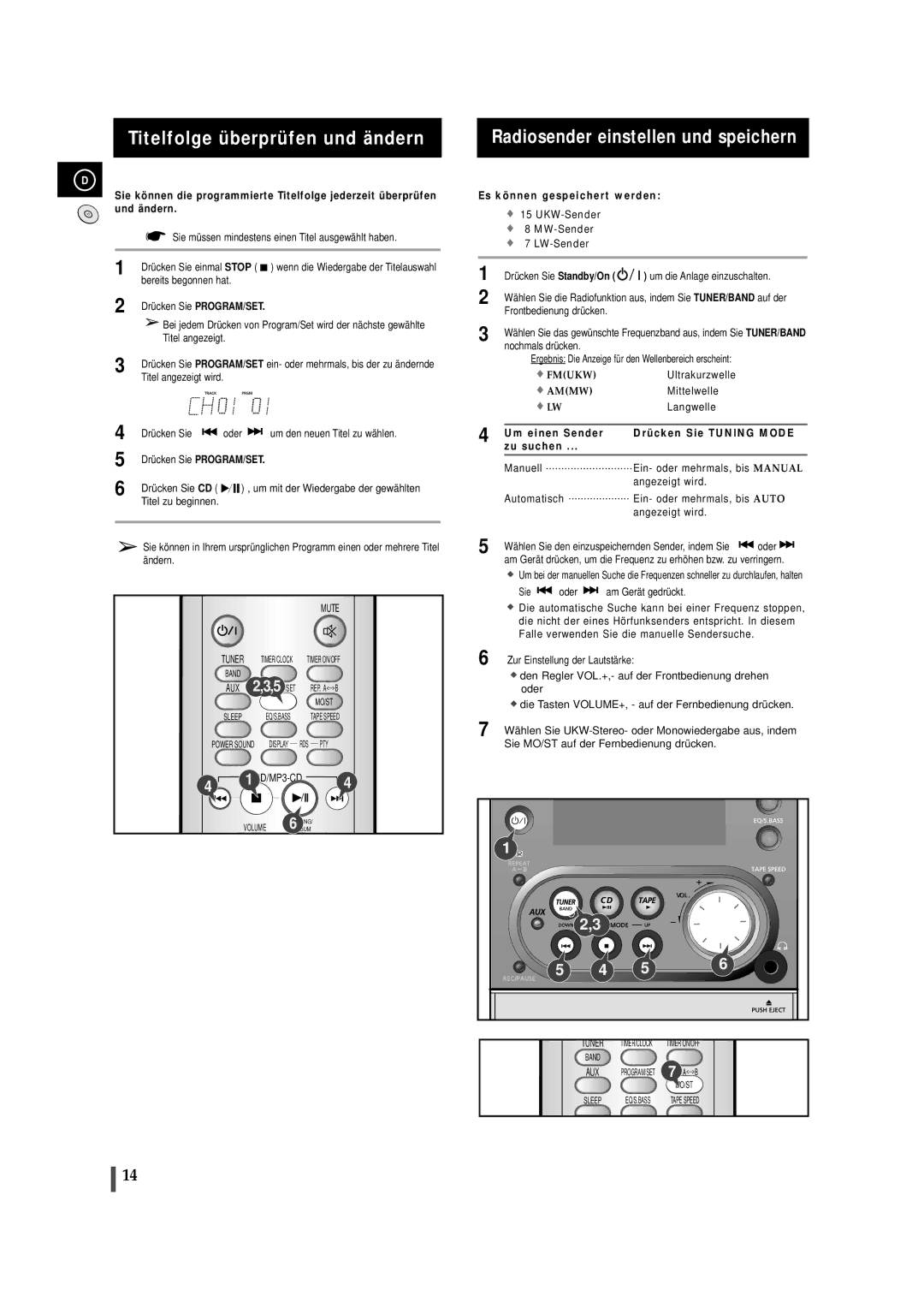 Samsung MMZJ6RH/ELS Titelfolge überprüfen und ändern, Radiosender einstellen und speichern, Es können gespeichert werden 