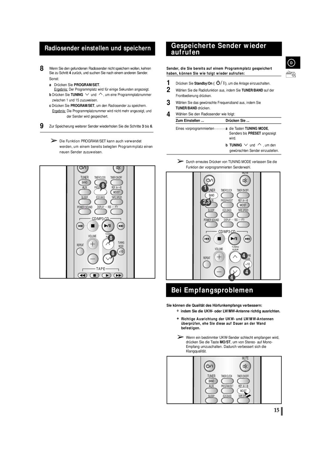 Samsung MMZJ6RH/ELS manual Gespeicherte Sender wieder aufrufen, Bei Empfangsproblemen, TUNER/BAND drücken, Tuning 