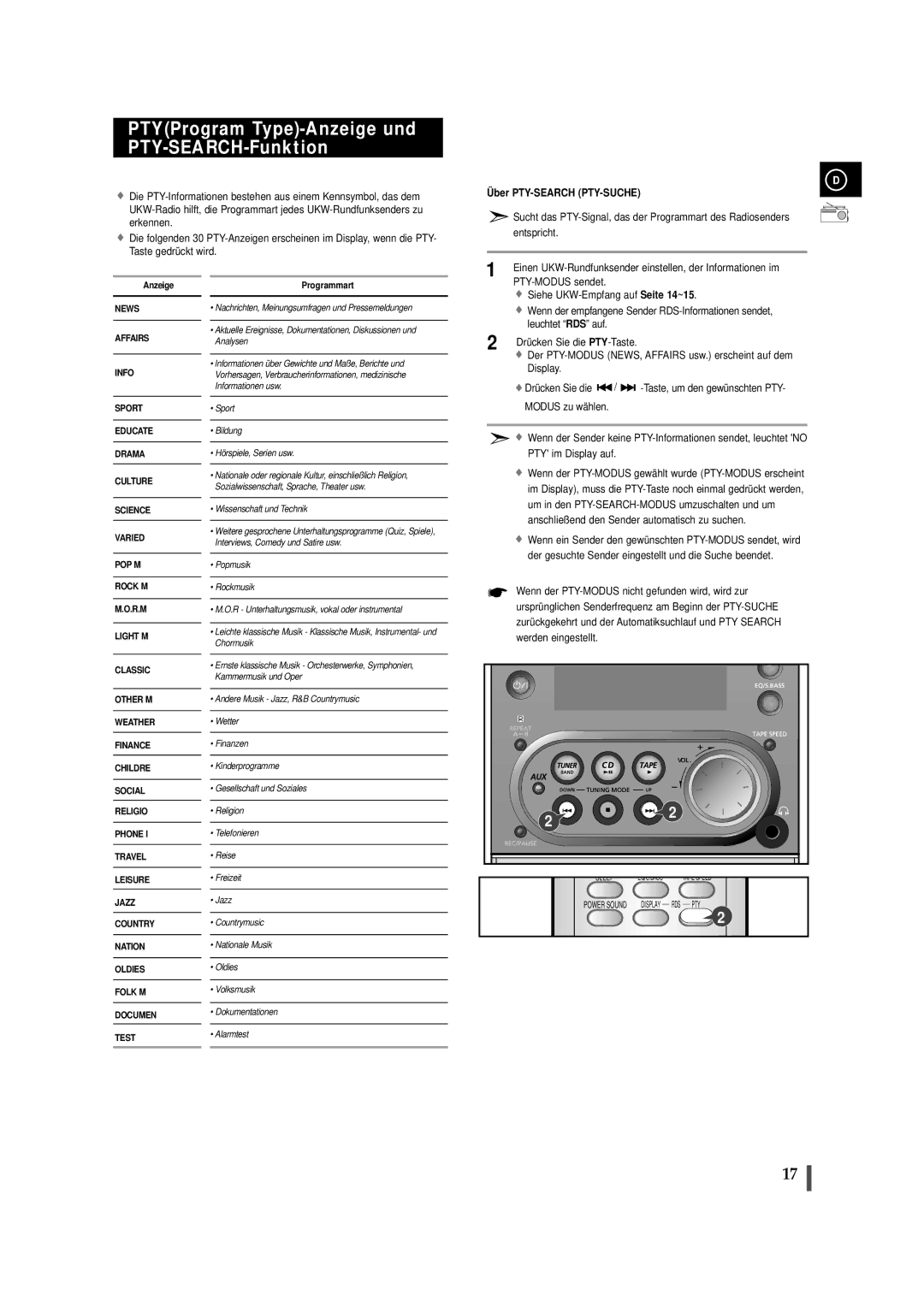 Samsung MMZJ6RH/ELS manual PTYProgram Type-Anzeige und PTY-SEARCH-Funktion, Ber PTY-SEARCH PTY-SUCHE, Display 