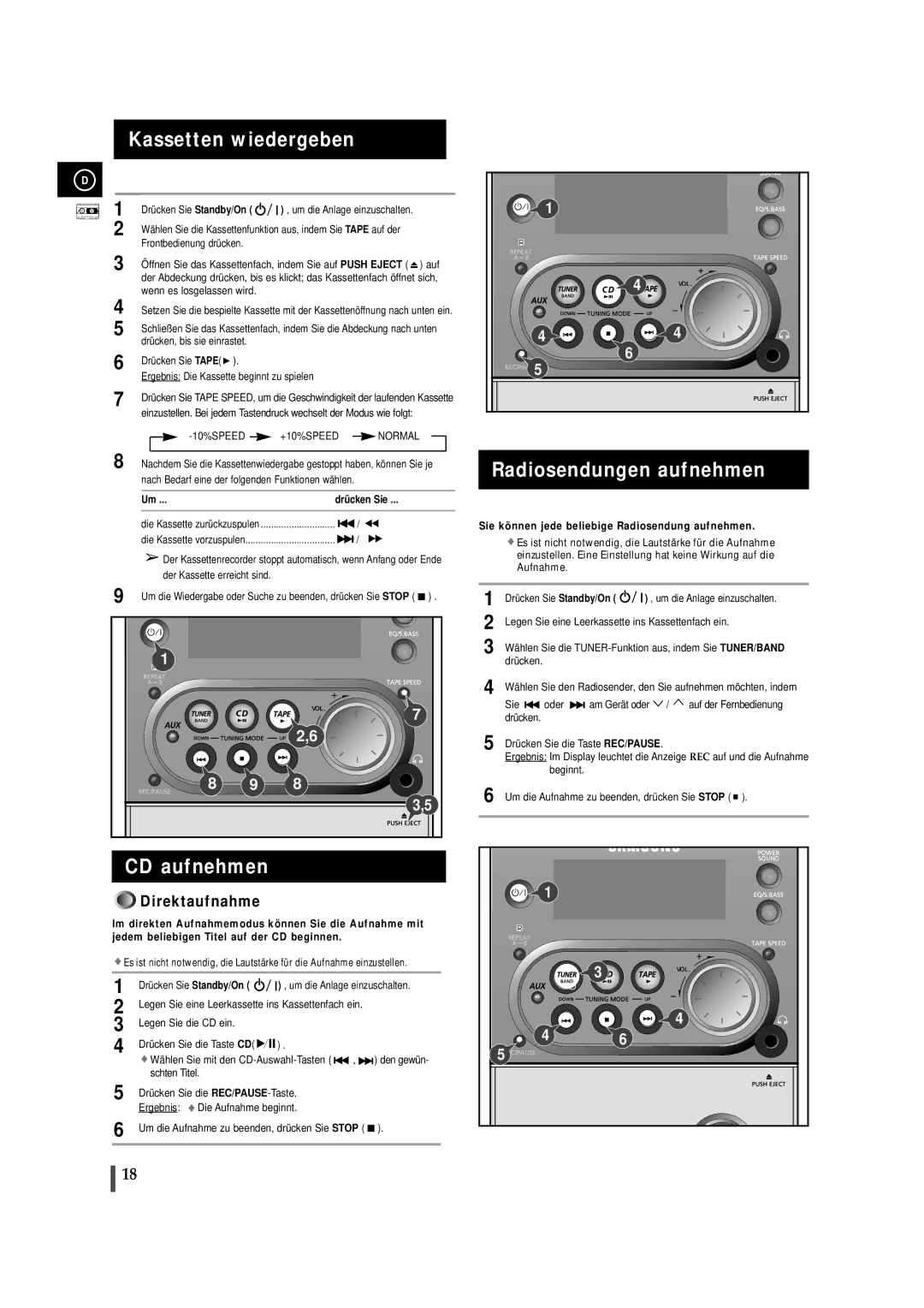 Samsung MMZJ6RH/ELS manual Kassetten wiedergeben, Radiosendungen aufnehmen, CD aufnehmen 