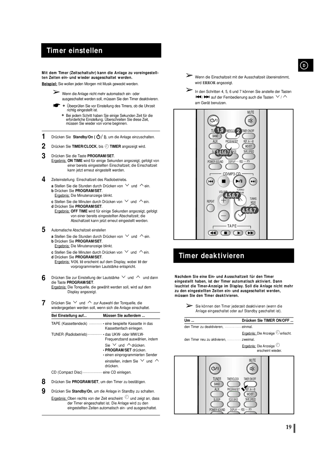 Samsung MMZJ6RH/ELS manual Timer einstellen, Timer deaktivieren, Standby/On, Bei Einstellung auf Mü ssen Sie außerdem 