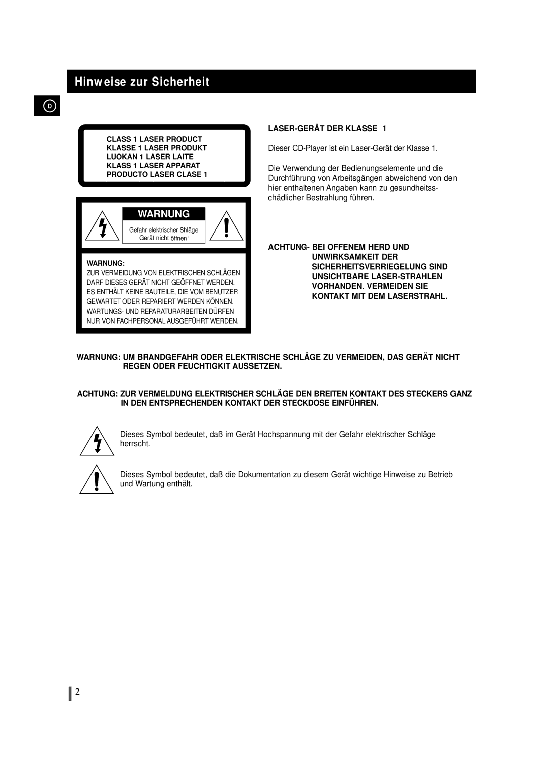 Samsung MMZJ6RH/ELS manual Hinweise zur Sicherheit, Gefahr elektrischer Shläge Gerät nicht öffnen 