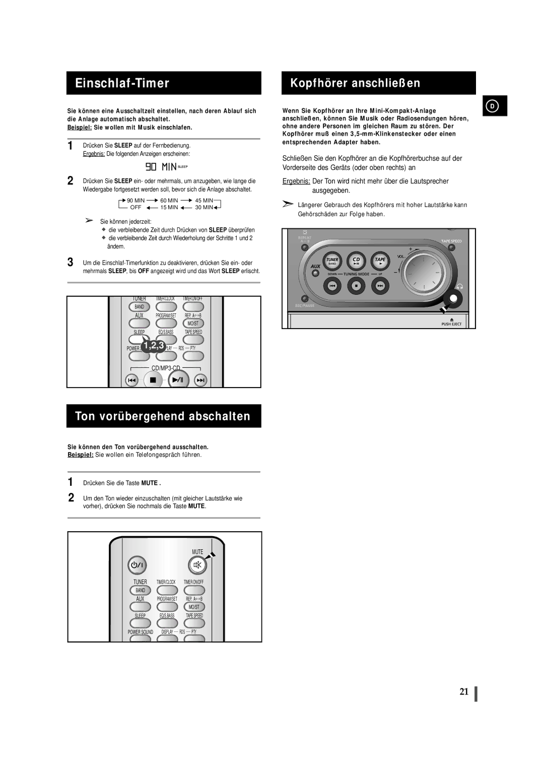 Samsung MMZJ6RH/ELS manual Ton vorübergehend abschalten, Kopfhörer anschließen, Drücken Sie Sleep auf der Fernbedienung 