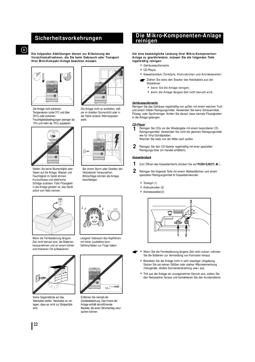 Samsung MMZJ6RH/ELS manual Sicherheitsvorkehrungen, Die Mikro-Komponenten-Anlage reinigen, Wie für Vinyl-Schallplatten 