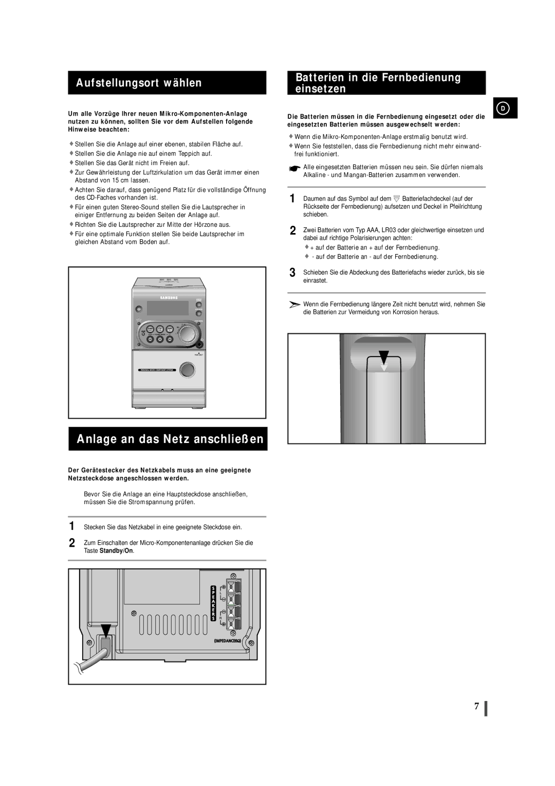 Samsung MMZJ6RH/ELS manual Anlage an das Netz anschließen, Aufstellungsort wählen, Batterien in die Fernbedienung einsetzen 