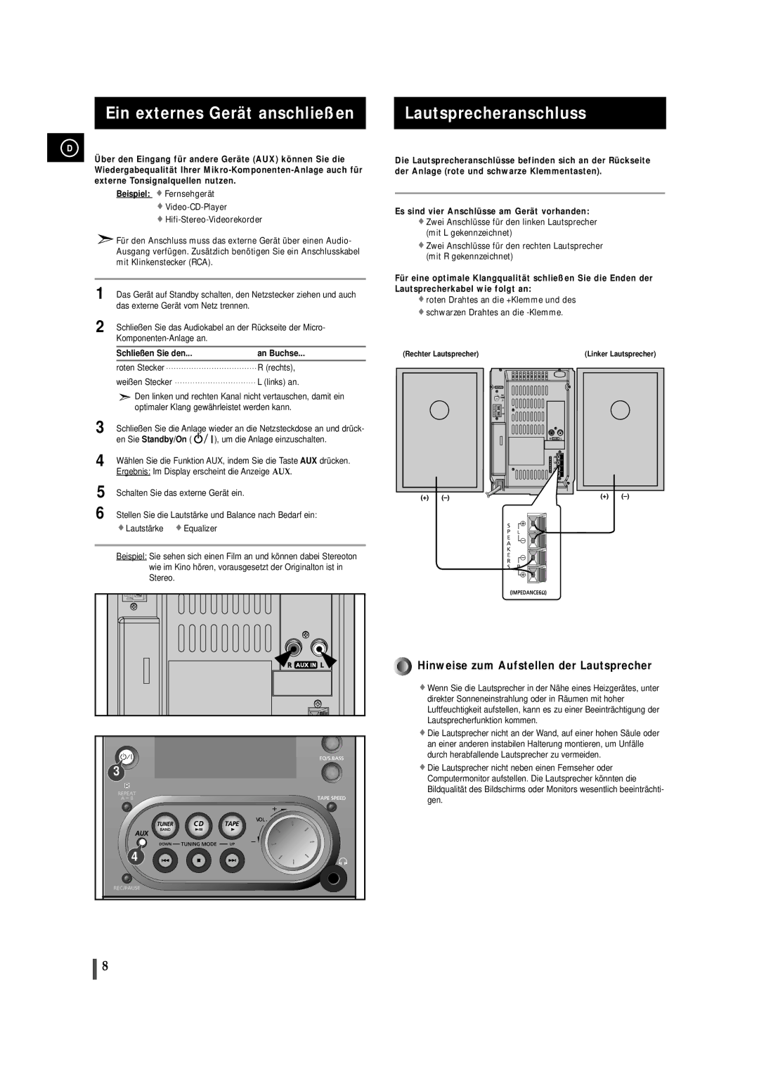 Samsung MMZJ6RH/ELS Ein externes Gerät anschließen, Lautsprecheranschluss, Schließen Sie den An Buchse, En Sie Standby/On 