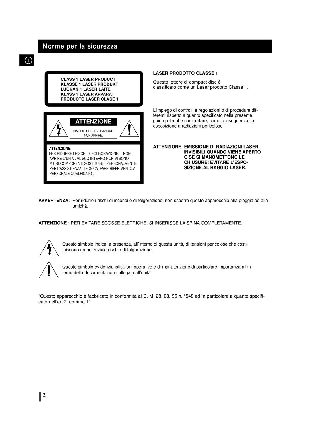 Samsung MMZJ6RH/ELS manual Norme per la sicurezza, Attenzione 