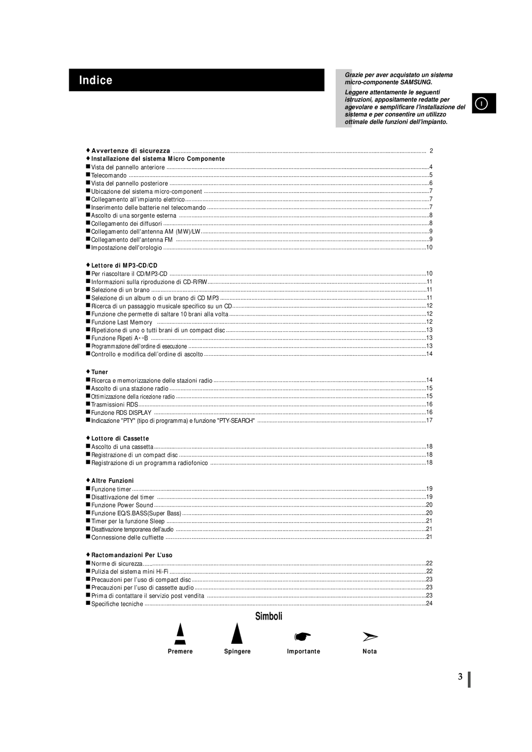 Samsung MMZJ6RH/ELS manual Indice, Installazione del sistema Micro Componente 