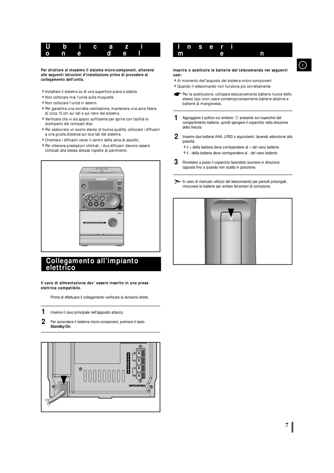 Samsung MMZJ6RH/ELS manual Collegamento all’impianto elettrico, S e, Standby/On 