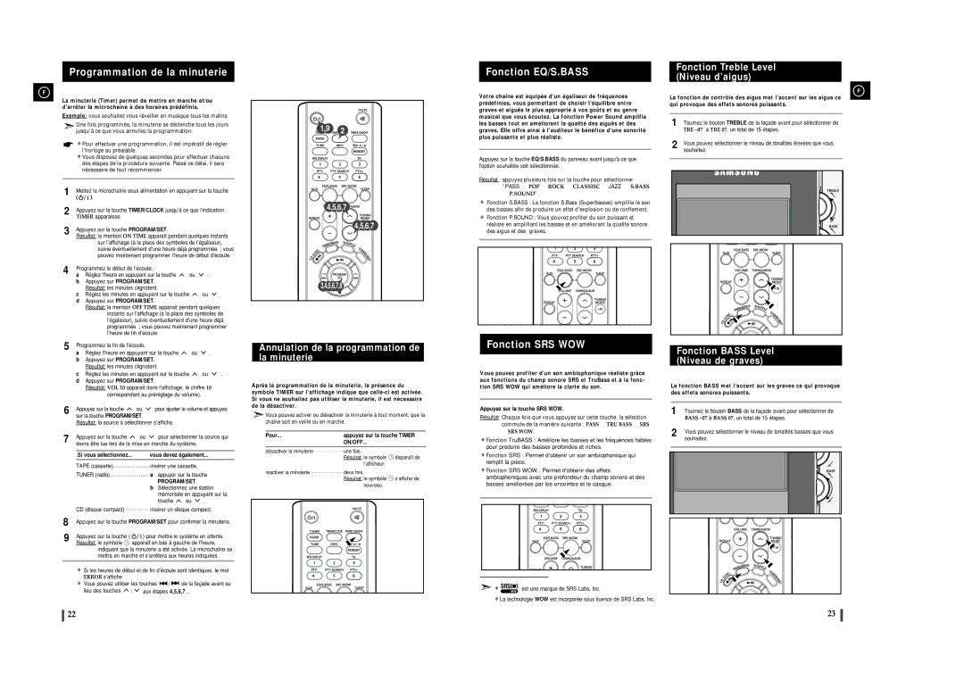 Samsung MMZJ8DABRH/ELS manual Programmation de la minuterie, Fonction EQ/S.BASS, Fonction SRS WOW 