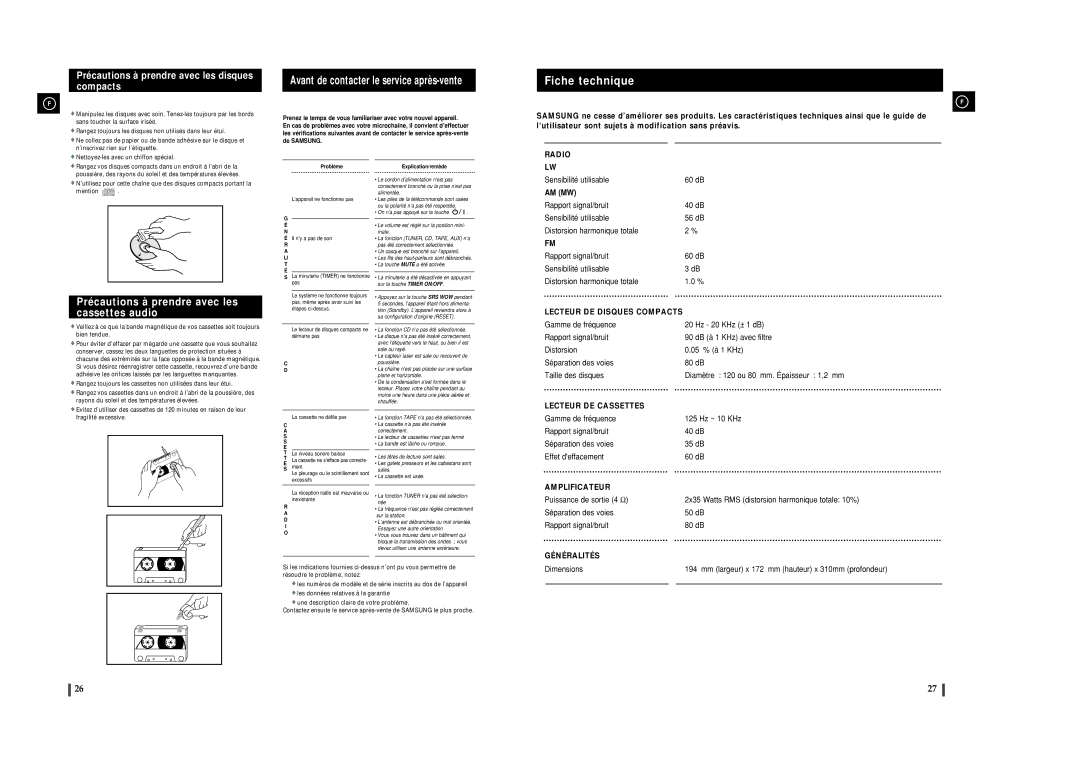 Samsung MMZJ8DABRH/ELS manual Fiche technique, Précautions à prendre avec les cassettes audio 