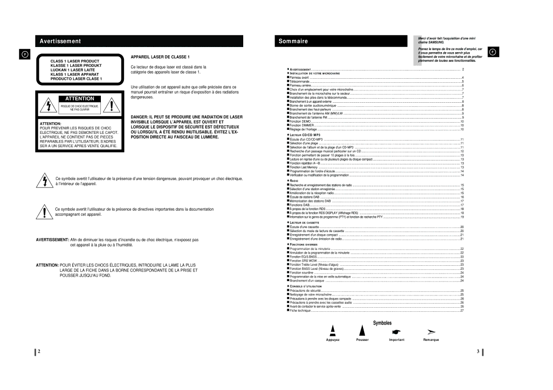 Samsung MMZJ8DABRH/ELS manual Avertissement, Appuyez Pousser Remarque 